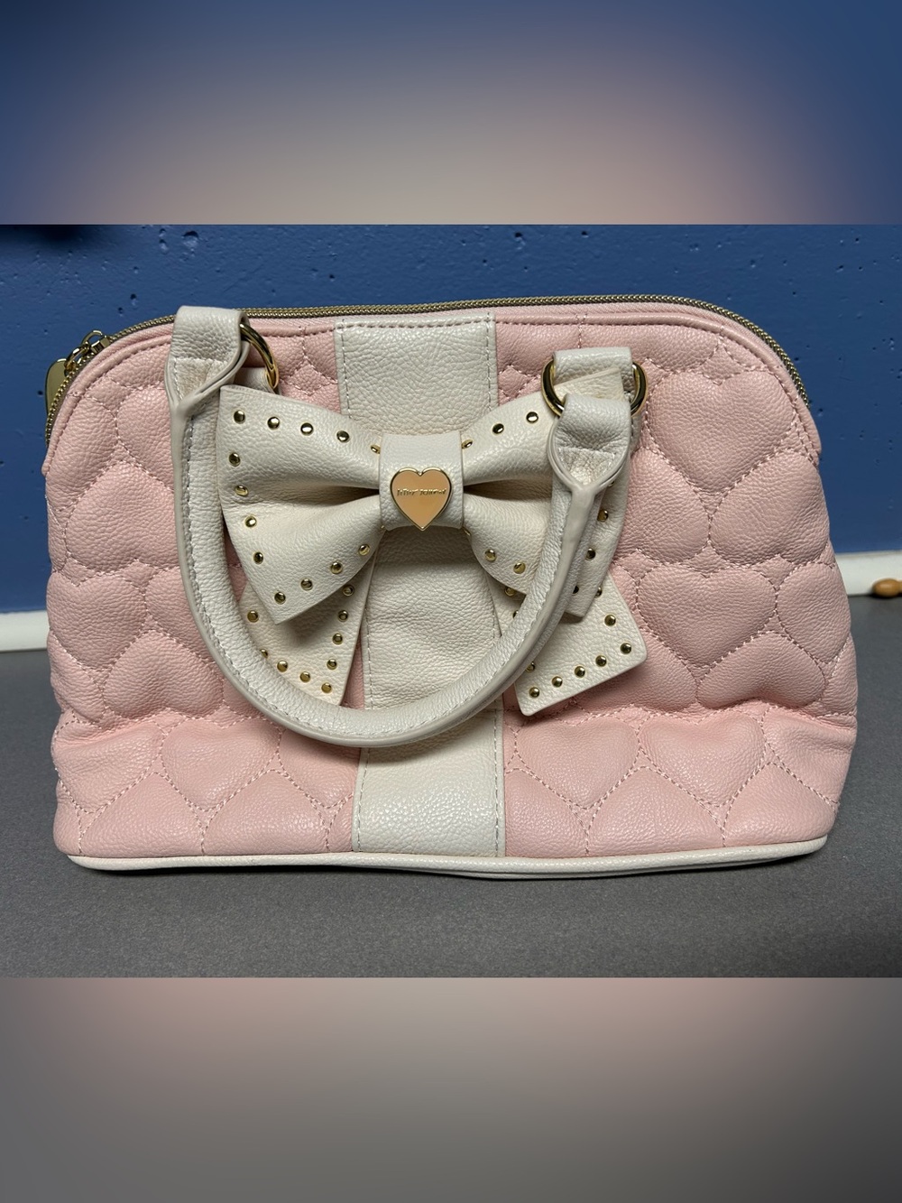 Betsey Johnson Pink and White Quilted Bow Satchel Bag